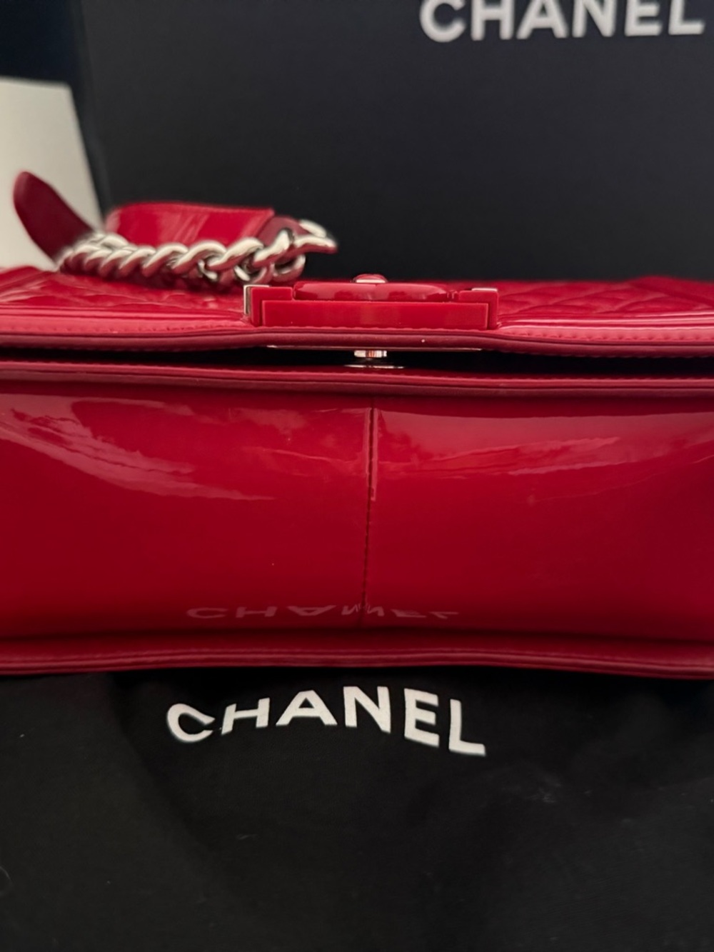 CHANEL Red Quilted Boy Shoulder Bag with Silver Chain - Picture 6 of 13